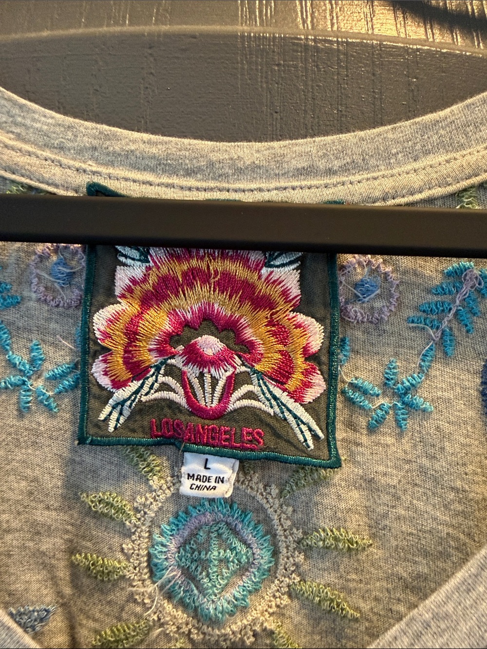 Johnny Was Grey Tee with Blue and Green Floral Embroidery - Picture 2 of 6